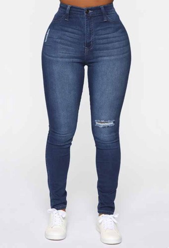 Pantalones ajustados de mezclilla rasgados elásticos de cintura alta Jeans de mujer