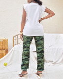 Casual Pad Shoulder Short Sleeve Top And Camouflage Pants Two Piece Set
