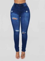 Jeans mit hoher Taille und zerrissenem Loch aus Stretch-Denim für Damen