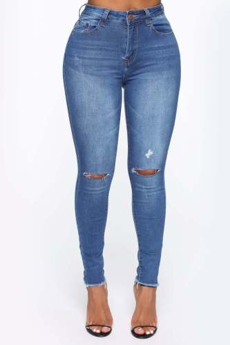 Pantalones ajustados ajustados rasgados elásticos Jeans de mujer de mezclilla