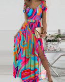 Women'S Contrast Print Off Shoulder Strap Slit Maxi Dress