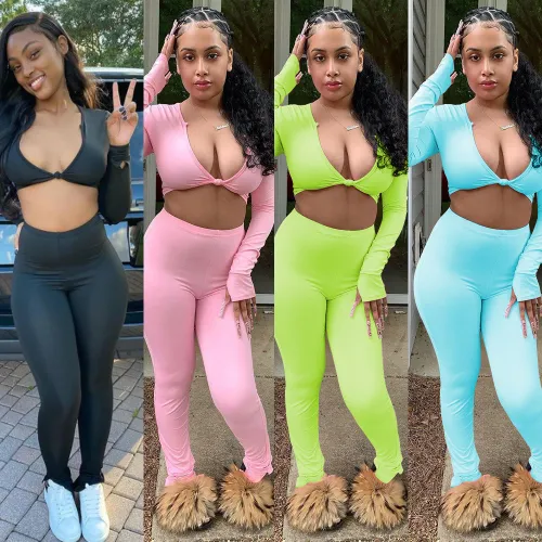 Summer Pants Set Pink Solid Long Sleeve Crop Top and Pants Set