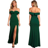 Women'S Sexy Fashion Solid Color Off Shoulder Slit Evening Dress