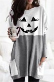 Fall Winter Halloween Ghost Face Women Color Block Print Pullover Round Neck Long Sleeve