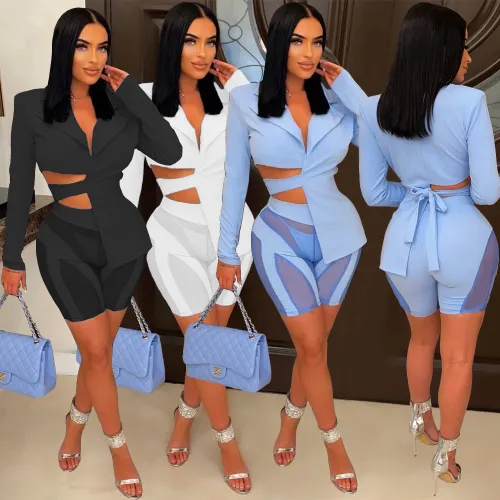 Sexy Women's Suit Solid V-Neck Top Back Lace-Up Pants Mesh Patchwork Set