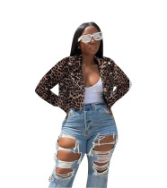 Jaqueta blazer feminina outono inverno gola aberta leopardo estampa cobra com zíper lateral
