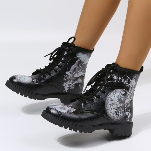 Зимние износостойкие черные ботинки martin на квадратном каблуке с принтом для взрослых на шнуровке