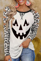 Camiseta de mujer Otoño e invierno Estampado de leopardo Calabaza Halloween Tallas grandes Camiseta de mujer