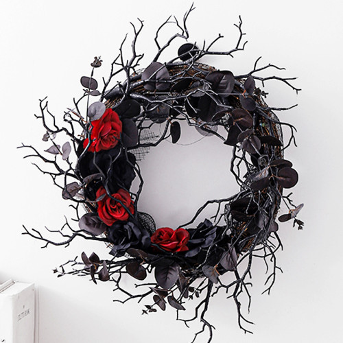 Halloween dead branches wreath simulation flower black decorative wreath door hanging festival arrangement rattan circle wall hanging