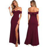 Women'S Sexy Fashion Solid Color Off Shoulder Slit Evening Dress