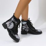 Winter Square Heel Adult Print Pattern Wear-Resistant Black Lace-Up Martin Boots