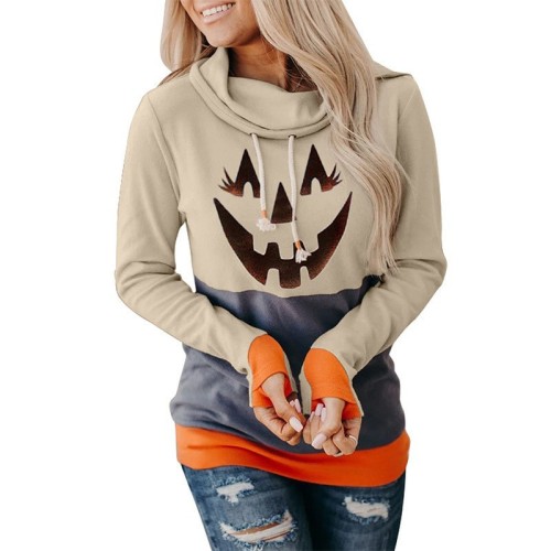 Halloween Pumpkin Blossom Hoodies Women's Fall Winter Print Contrast Pile Collar Casual Long Sleeve Hoodies