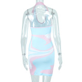 Summer Street Fashion Print Turndown Collar Bodycon Contrast Low Back Tight Fitting Halter Neck Short Dress