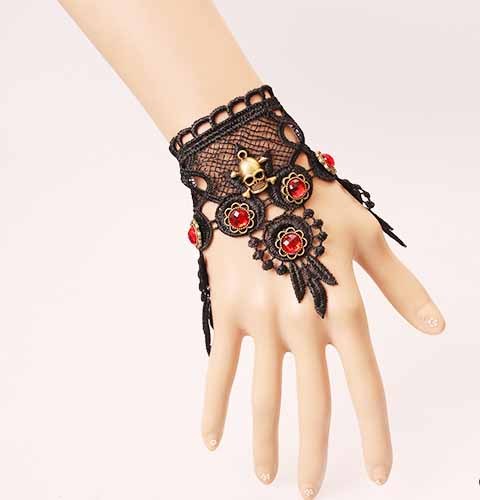 (5 uds) pulsera Retro de encaje negro calavera femenina con cristal rojo joyería retro accesorios de Halloween