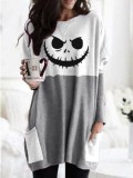 Fall Winter Halloween Ghost Face Women Color Block Print Pullover Round Neck Long Sleeve