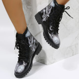 Winter Square Heel Adult Print Pattern Wear-Resistant Black Lace-Up Martin Boots