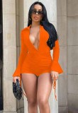 Summer Autumn Winter Women's Sexy Solid Color Long Sleeve Shorts Solid Color Lace-Up Jumpsuit
