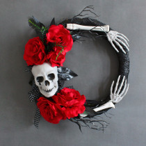 Crânio de Halloween rosa vermelha fantasma guirlanda de mão festival fantasma local de festa adereços de terror decoração anel de vime