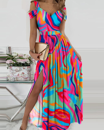 Maxi-jurk met contrasterende print en off-shoulder bandjes en split voor dames