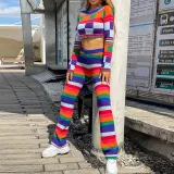 Women Autumn Contrast Color Long Sleeve Slim Top + High Waist Pant Two-piece Set