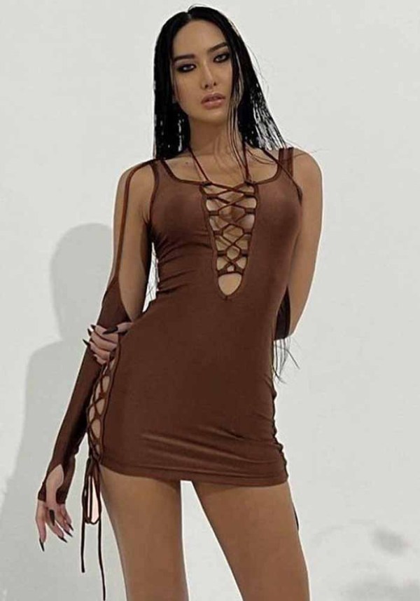 Women Autumn Solid Color U-Neck Sexy Cutout Lace-Up Backless Bodycon Dress