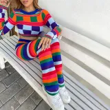 Women Autumn Contrast Color Long Sleeve Slim Top + High Waist Pant Two-piece Set