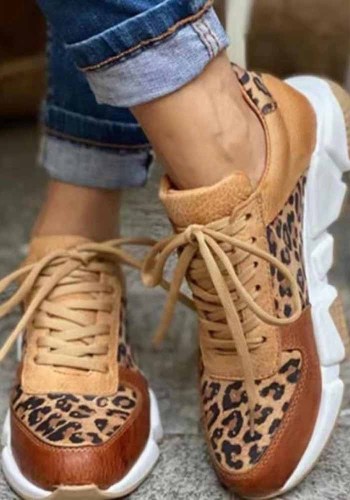 Baskets à lacets plates décontractées à imprimé léopard pour femmes