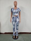 Women Autumn/Winter Printed Short Sleeve Top + Pleated Split Stacked Pant Two Piece Set