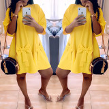 Women Autumn Solid Color Half Sleeve Bow Loose Dress