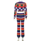 Women Autumn Contrast Color Long Sleeve Slim Top + High Waist Pant Two-piece Set