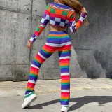 Women Autumn Contrast Color Long Sleeve Slim Top + High Waist Pant Two-piece Set