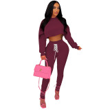 Women Autumn/Winter Long Sleeve Top+Lace-Up Pants Solid Color Two-piece Set
