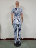 Women Autumn/Winter Printed Short Sleeve Top + Pleated Split Stacked Pant Two Piece Set