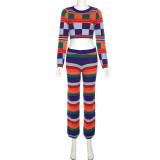 Women Autumn Contrast Color Long Sleeve Slim Top + High Waist Pant Two-piece Set