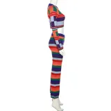 Women Autumn Contrast Color Long Sleeve Slim Top + High Waist Pant Two-piece Set