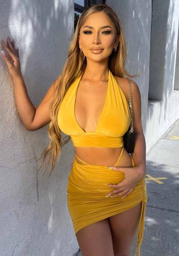 Women Summer Sexy Backless Halter Neck Crop Top + Ruched Skirt Two Piece