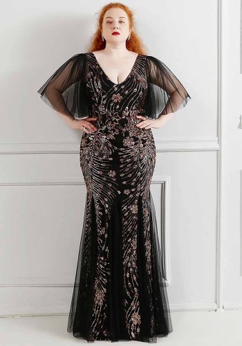 Plus Size Women Sequin Lace Half Sleeve Formal Party Evening Dress