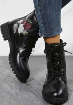 Women Autumn Round Toe Print Short Martin Boots Flat Leather Boots