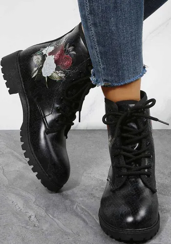 Women Autumn Round Toe Print Short Martin Boots Flat Leather Boots