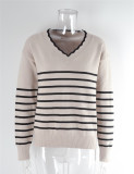 Autumn And Winter Sweater Pullover Basic Shirt V-Neck Striped Knitting Shirt Women'S Sweater