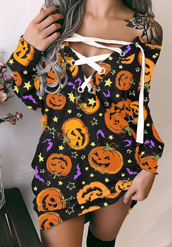 Fall Women'S Halloween V Neck Off Shoulder Loose Long Sleeve Dress