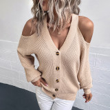 Women Button Knitting Shirt Autumn And Winter Sexy Open Shoulder Sweater Cardigan