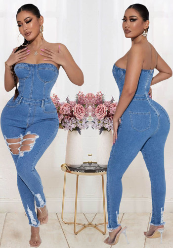 Macacão jeans feminino casual com zíper rasgado e sem alças