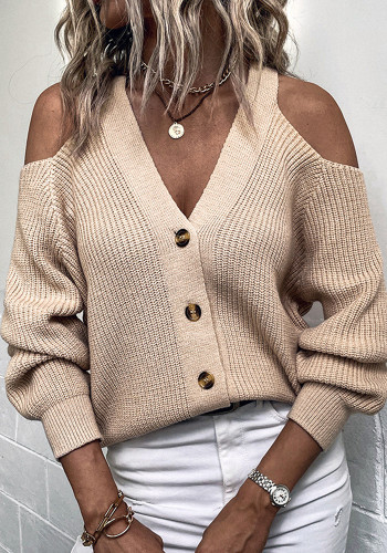 Women Button Knitting Shirt Autumn And Winter Sexy Open Shoulder Sweater Cardigan