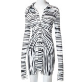 Women'S Fall Casual Stripes Long Sleeve Button Shirt Mini Skirt Two Piece Set
