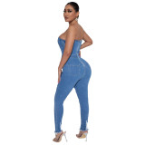 Casual Fashion Ripped Zip Strapless Women'S Tight Fitting Denim Jumpsuit