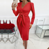 Women'S Fall Solid Color V-Neck Long Sleeve Chic Career Midi Dress