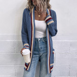 Contrast Stripe Pocket Knitting Shirt Autumn And Winter Sweater Women'S Cardigan Jacket