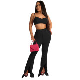 Women'S Fall Winter Solid Color Strap Crop Tank Top High Waist Slit Pants Casual Two Piece Set