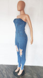 Casual Fashion Ripped Zip Strapless Women'S Tight Fitting Denim Jumpsuit